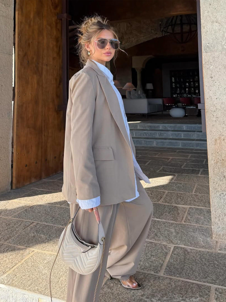 Women Three-Piece Tailoring Set with Corset Top, Oversized Blazer and Pleated Wide-Leg Pants Amarae