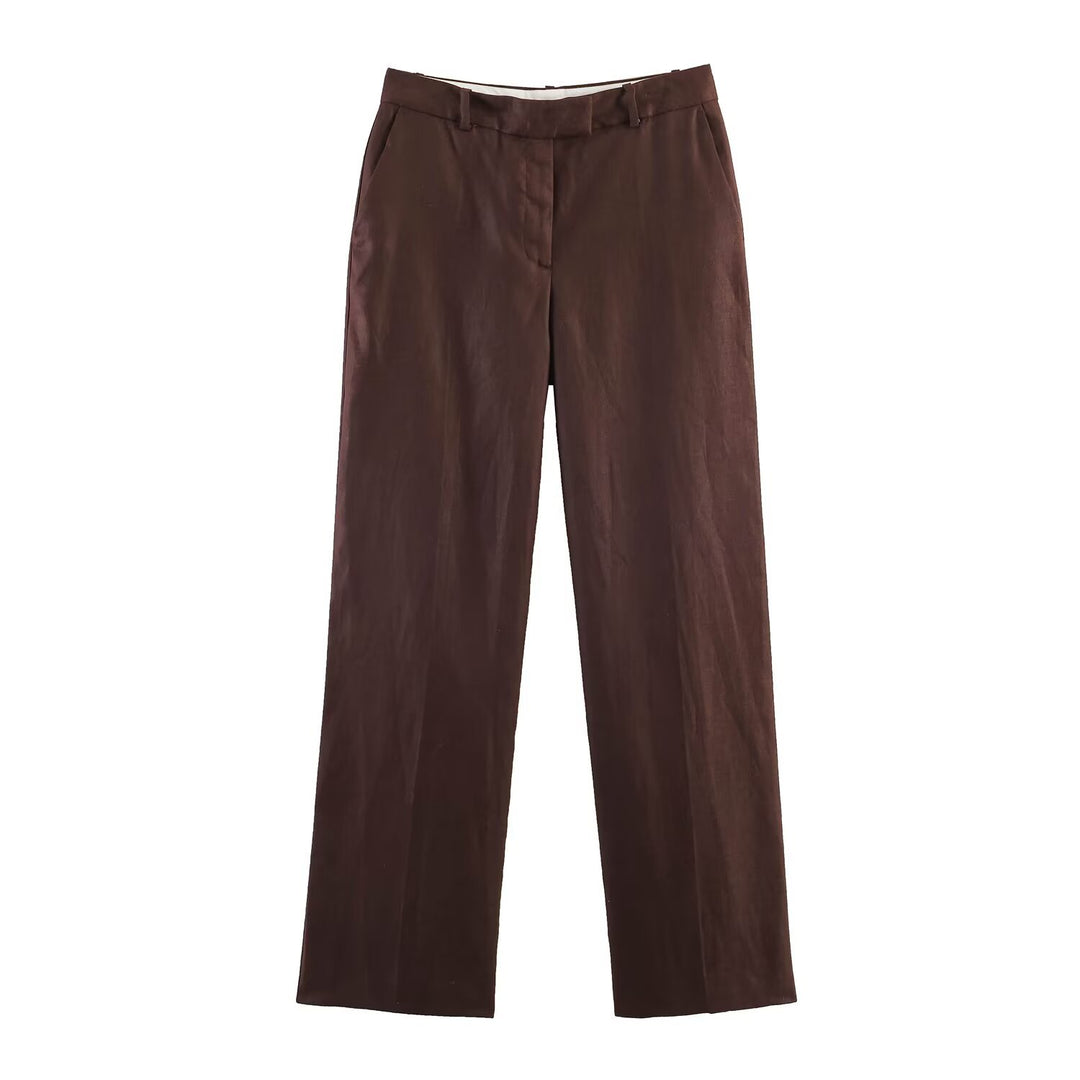 Women's straight-cut linen blend pants with a high waistband, crease and side pockets Amarae