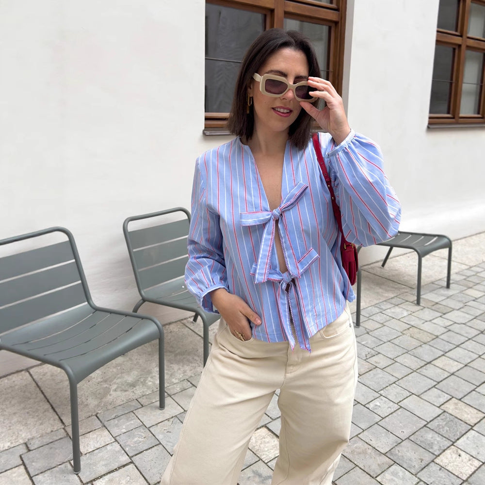 Women's Striped Tie Blouse with Bow Front, V-Neck & Balloon Sleeves Amarae