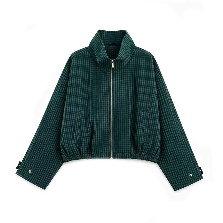 Women's Cropped Transition Jacket with High Funnel Collar, Check Pattern and Elastic Hem Amarae