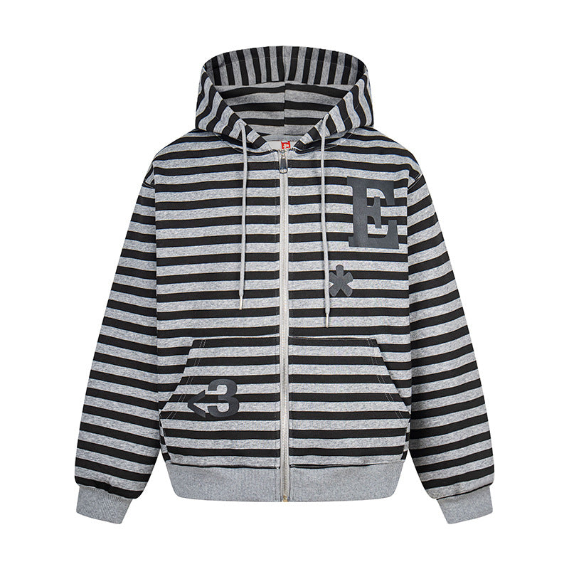 Women's oversized striped hooded sweatshirt jacket with full-length zipper and typographic front print Amarae