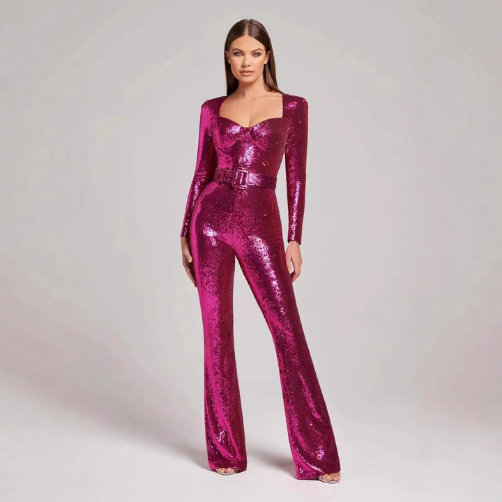 Ladies Glamorous Sequin Jumpsuit with Chic Waistline Lune London