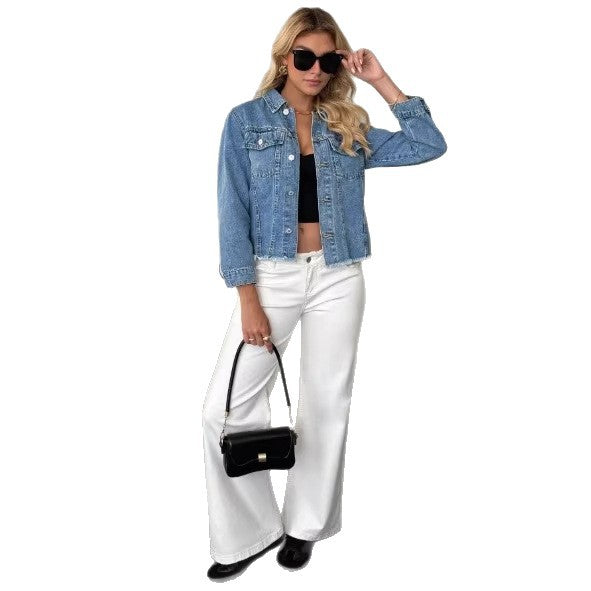 Women's Short Cut Oversized Denim Jacket with Frayed Hem and Flap Pockets Amarae