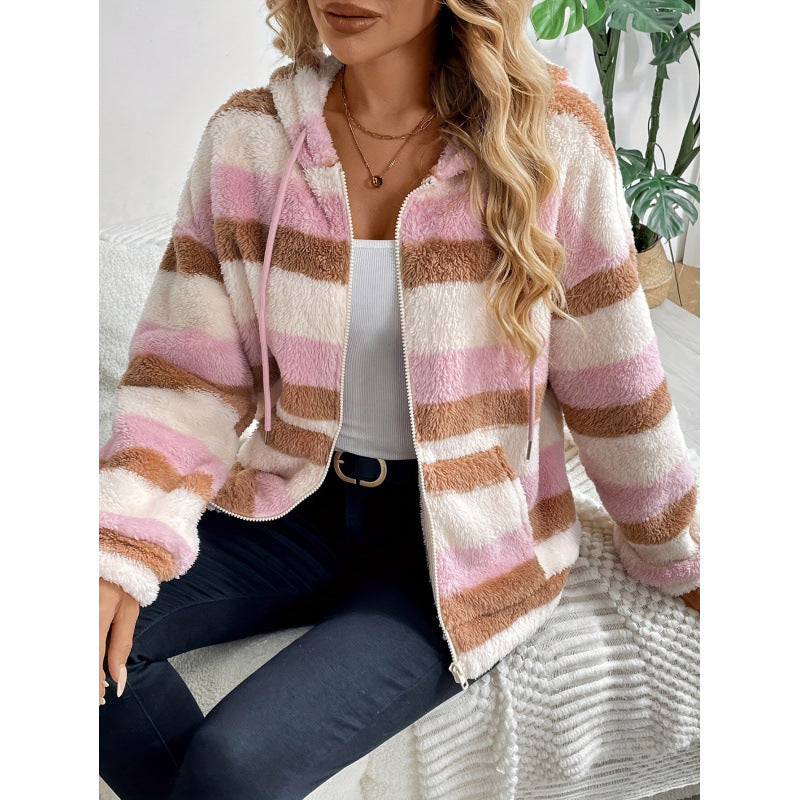 Women fleece hoodie with hood and striped pattern Lune London