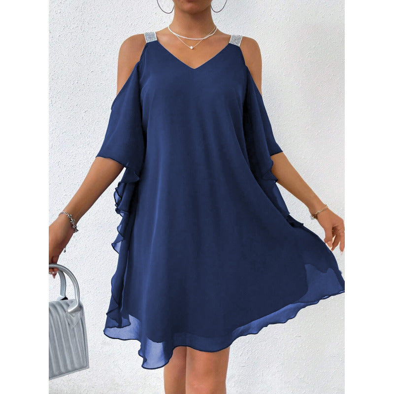 Fluid dress for women with off-the-shoulder design and ruffled hem Lune London