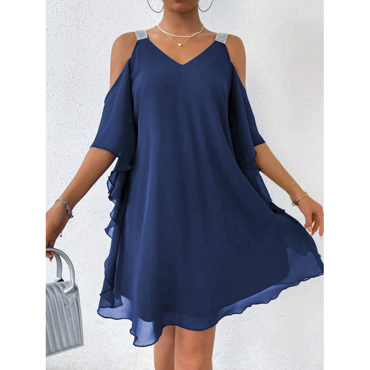 Fluid dress for women with off-the-shoulder design and ruffled hem Lune London