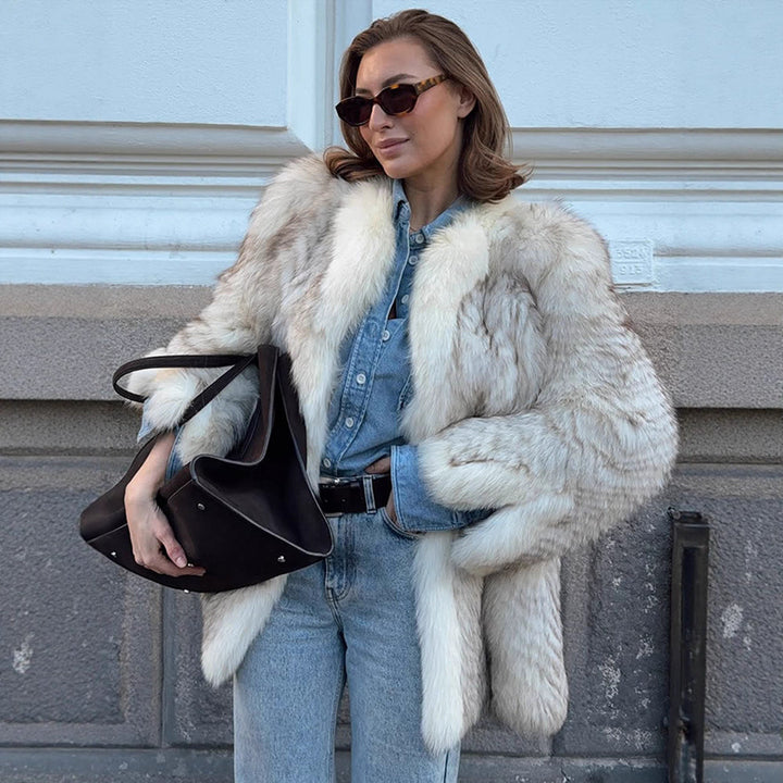 Women's Boxy Faux Fur Jacket with Textured Shag Look and Voluminous Shawl Collar Amarae