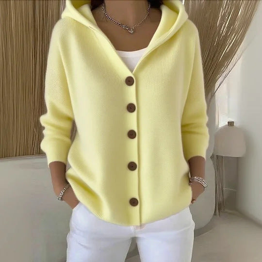 Knitted hooded jacket for ladies with practical button details and a relaxed fit Lune London