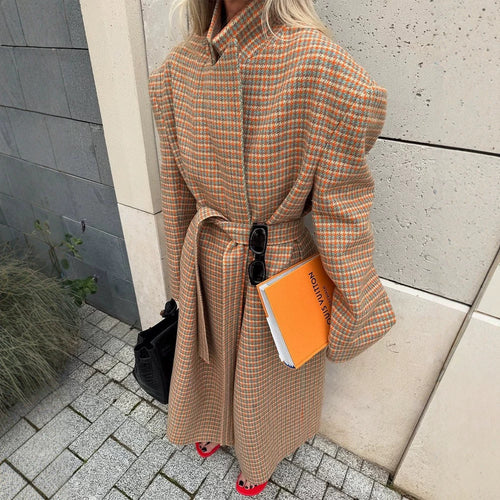 Women Oversized Wool Check Coat with Waist Belt and Emphasized Shoulder Area Amarae
