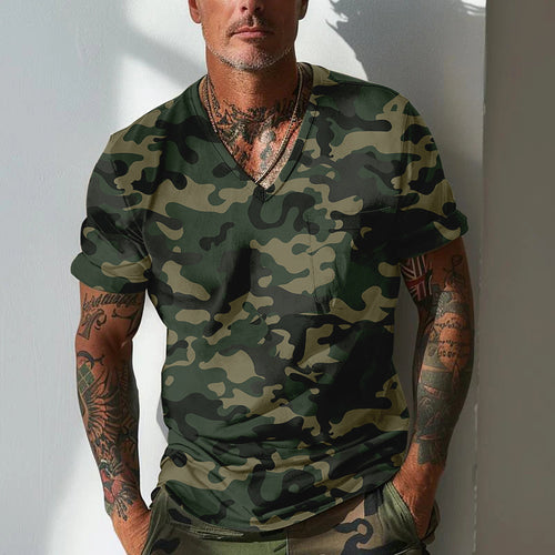 Short sleeve T-shirt for men with V-neck and chic camouflage design