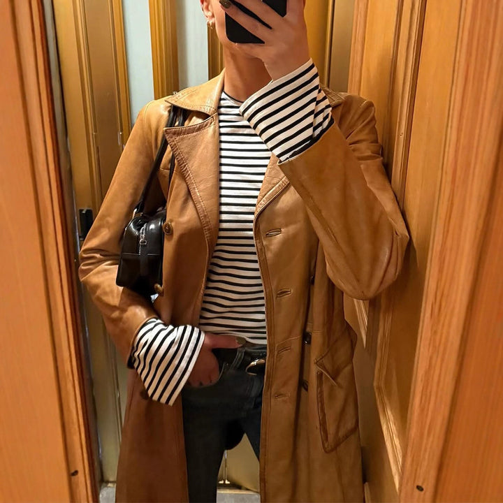 Women's Longer Tailored Leather Trench Coat with Double-Breasted Button Placket and Notched Collar Amarae