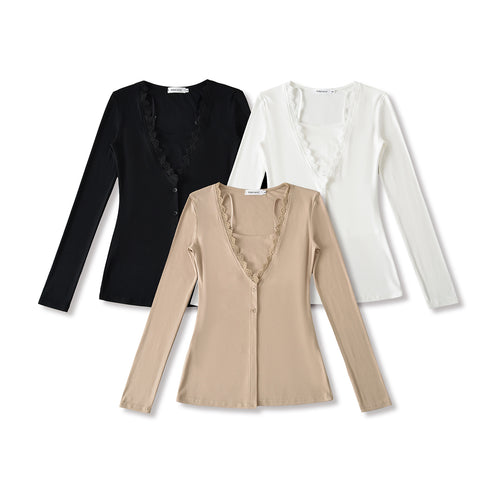 Women Long Sleeve Top with Elegant Lace Collar Amarae