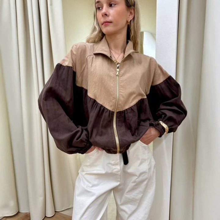 Women's short cut multicolored bomber jacket with drawstring, raglan sleeves, and zipper Amarae