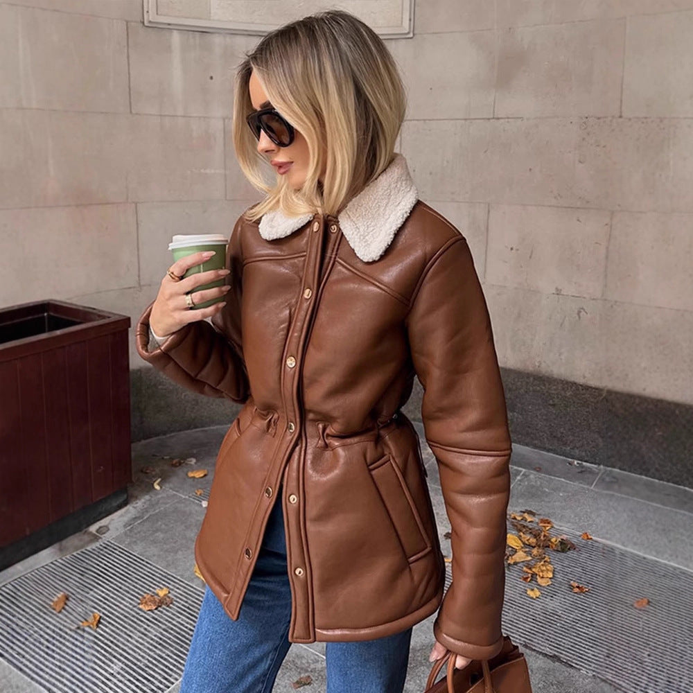 Women's Tailored Faux Leather Jacket with Drawstring, Teddy Collar and Snap Button Placket Amarae