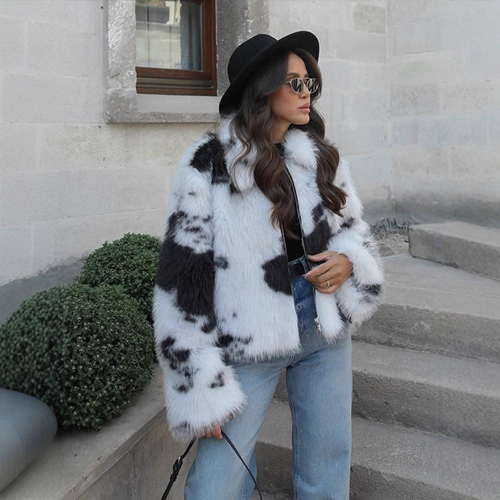 Women's Short Cut Faux Fur Bomber with Spot Pattern Amarae