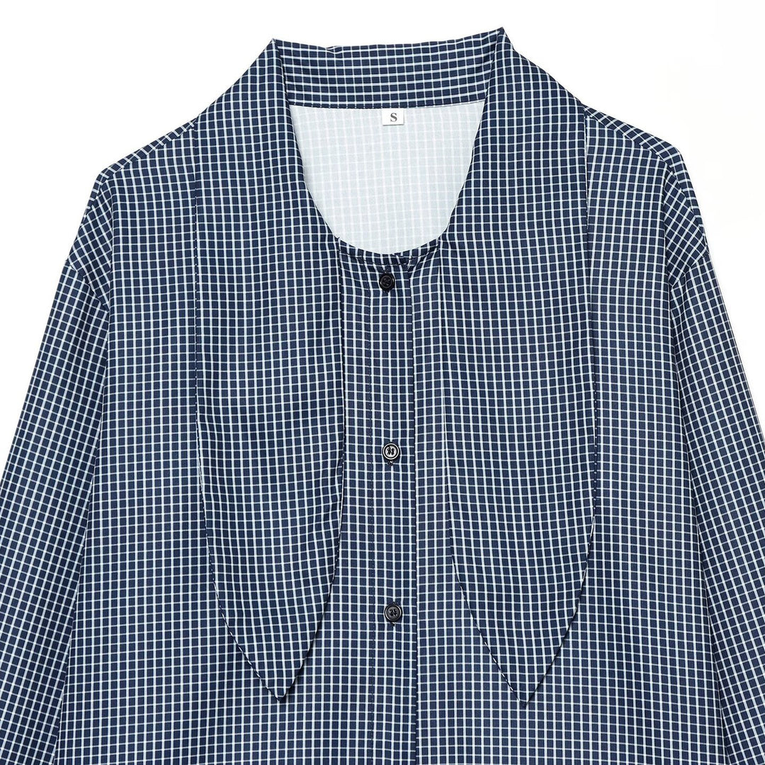 Women’s checkered blouse with bow collar and full button closure Amarae