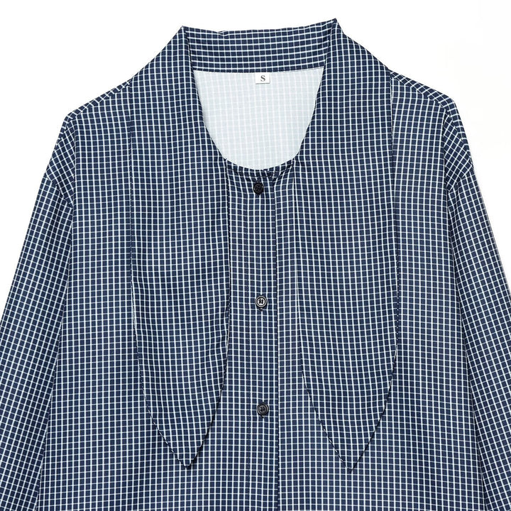 Women’s checkered blouse with bow collar and full button closure Amarae