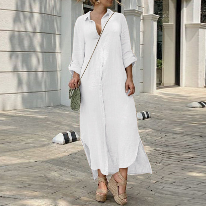 Women's button-up shirt dress with a continuous button placket, side slits, and 3/4 sleeves Amarae