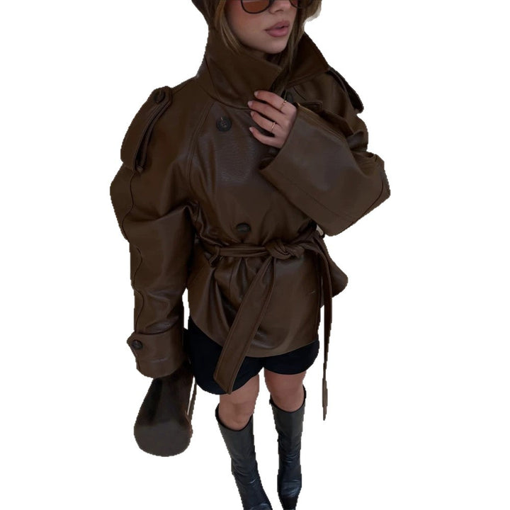 Women’s short cut oversized faux leather trench coat with waist belt and epaulettes Amarae