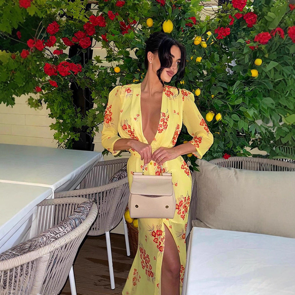 Women's maxi dress with deep V-neckline, tailored corset and high leg slit Amarae
