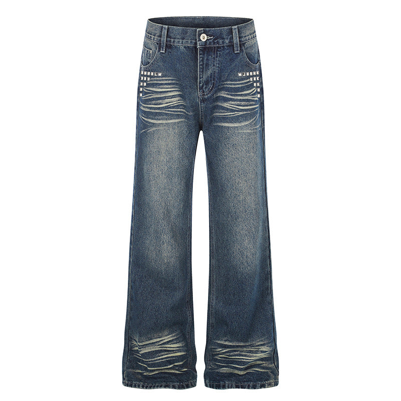 Women Wide High-Waist Distressed Jeans in Palazzo Style with Studded Detailing Amarae