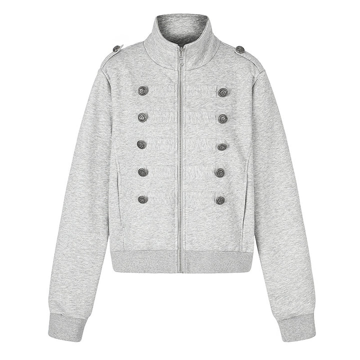 Women's short sweatshirt jacket with stand-up collar, double button detail and zipper Amarae