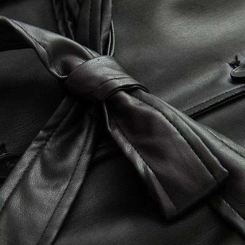 Women's short faux leather trench coat with waist belt and shoulder cape Amarae