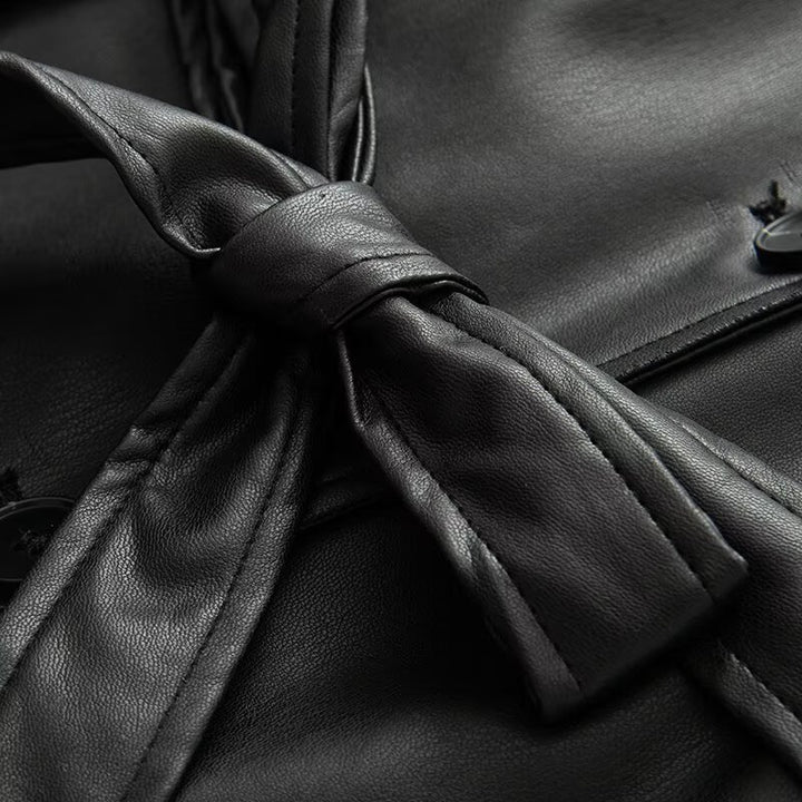 Women's short faux leather trench coat with waist belt and shoulder cape Amarae