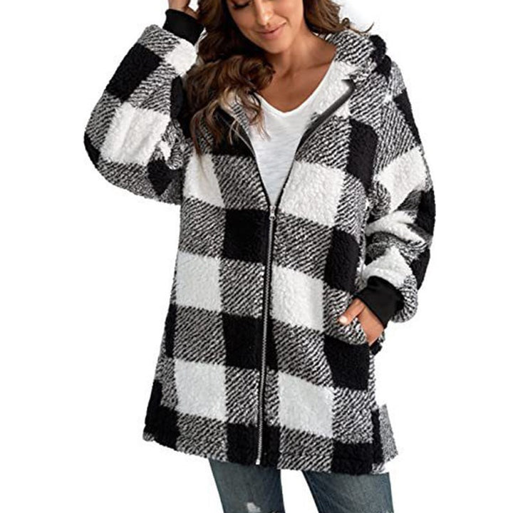 Women's Checked Teddy Fleece Coat with Hood and Zipper Amarae
