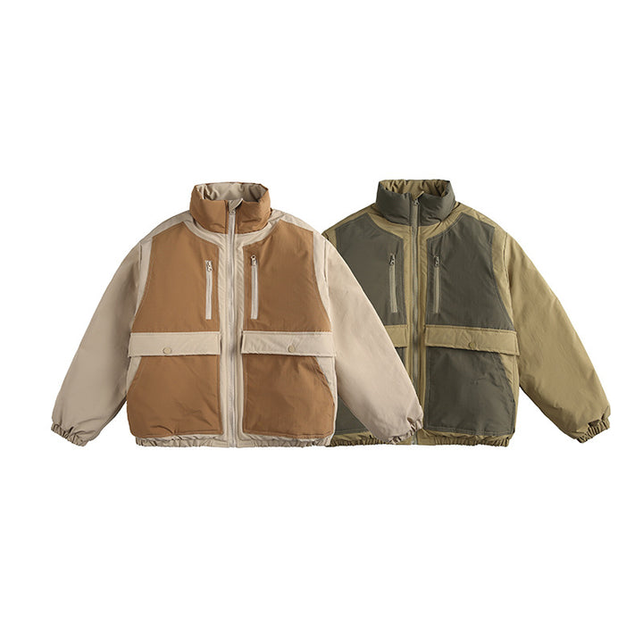 Unisex Boxy padded stand-up collar jacket with contrast panels, vertical chest zippers, and large flap pockets Amarae