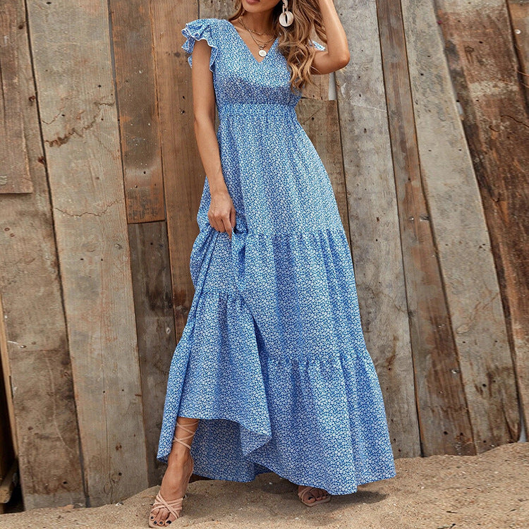 Maxi dress for women with delicate ruffle details and a deeper V neckline Lune London