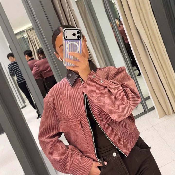 Women's Short Cord Jacket with Contrasting Leather Collar, Oversized Silhouette and Metal Zipper Amarae