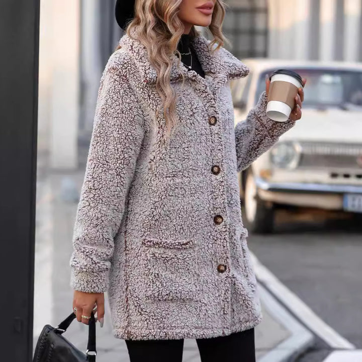 Women Soft Transition Jacket with Large Patch Pockets and Chic Button Details