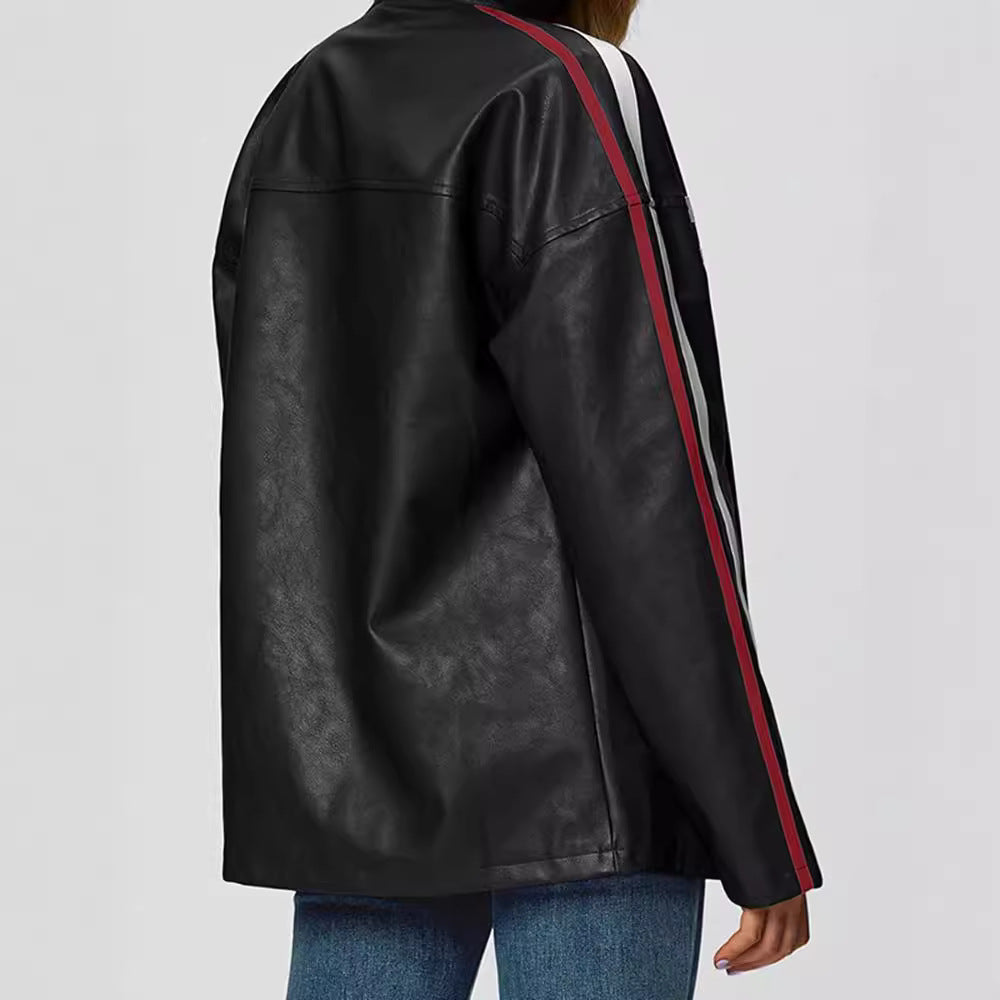 Faux leather jacket for women with sporty stripes Lune London