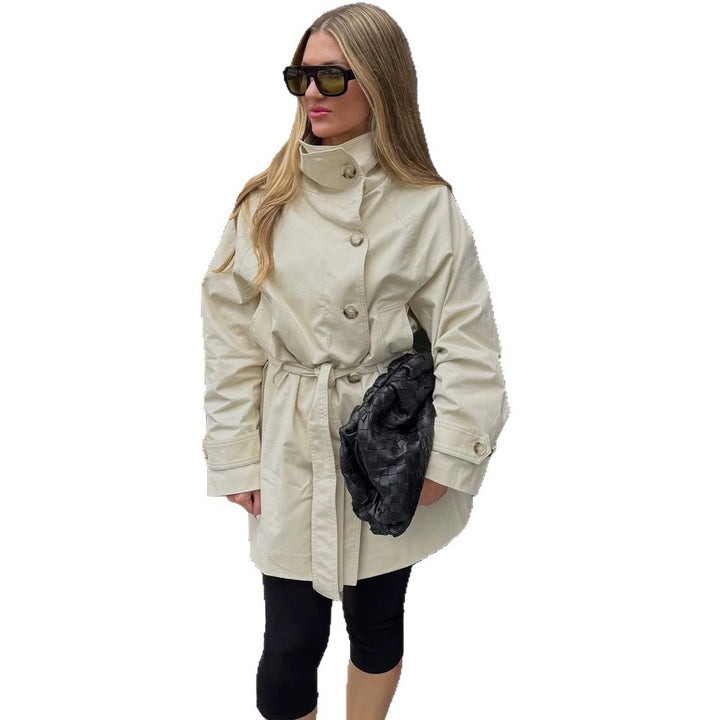 Women Short Wind and Transitional Coat with High Standing Collar and Tie Belt Amarae