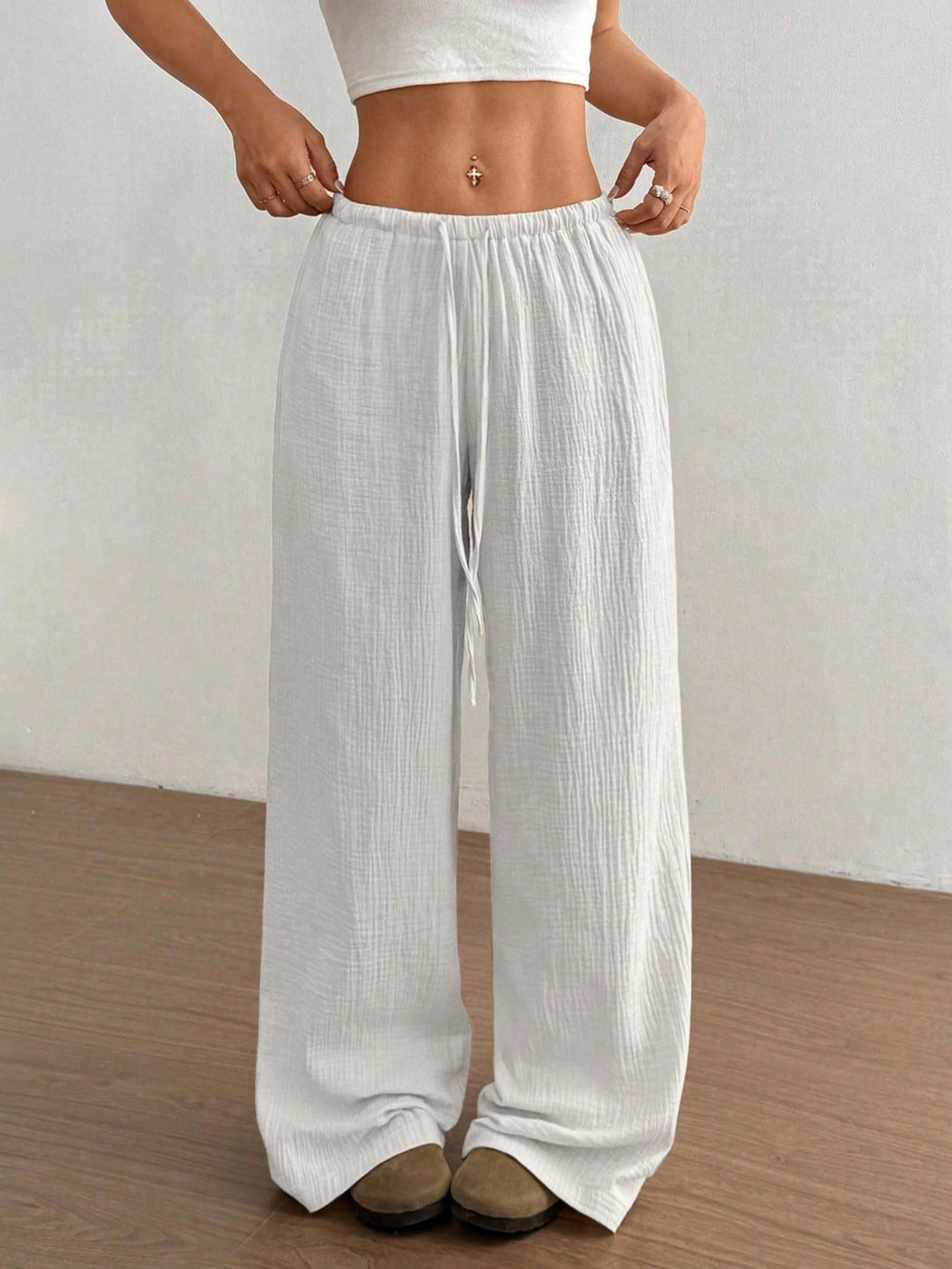 Women Lightweight Linen Look Pants with Wide Leg, Elastic Waistband and Drawstring Amarae