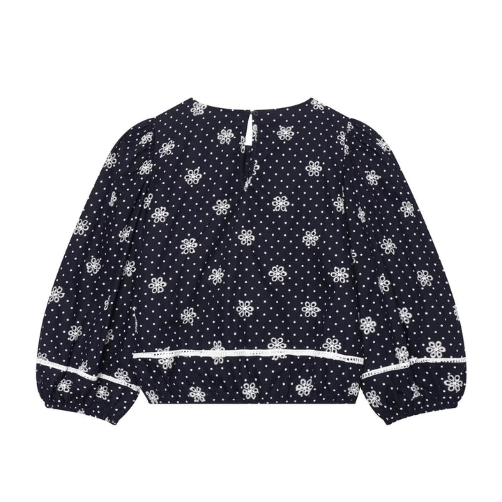 Women Embroidered Polka Dot Blouse with Ruffles and Balloon Sleeves Amarae