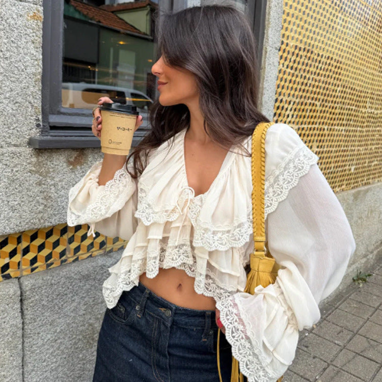 Women's Ruffled Lace Crop Top Blouse with Ruffles and V-Neck Amarae