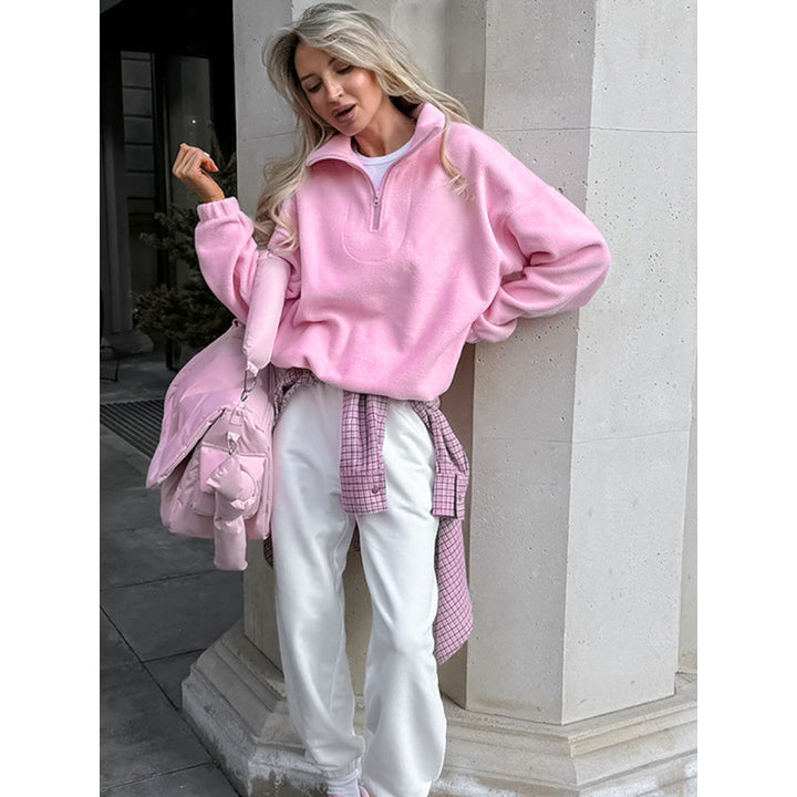 Women’s Oversized Fleece Pullover with Half Zipper and Stand-Up Collar Amarae