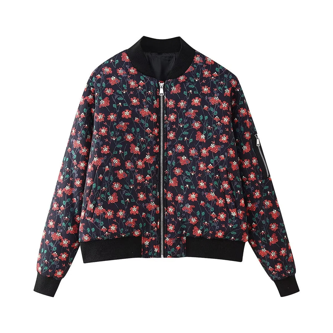 Ladies stylish bomber jacket with floral patterns and elastic cuffs Lune London