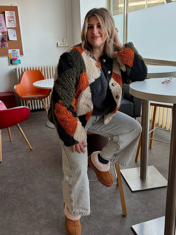 Women Short-Cut Patchwork Teddy Jacket with Textured Loop Fiber and Snap Button Placket Amarae