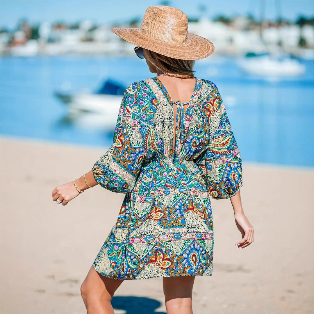 Women’s beach dress with a draped look and a trendy pattern Lune London