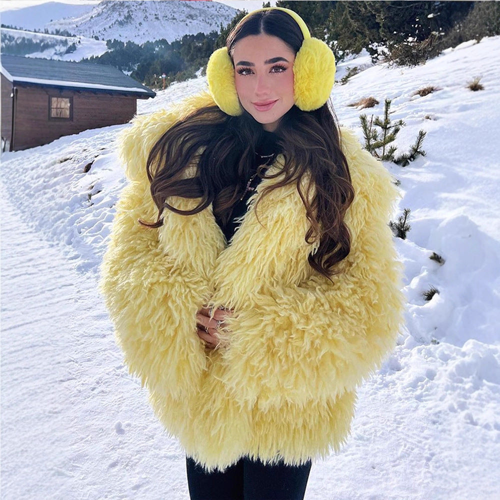 Women's Short Cut Long Pile Shaggy Faux Fur Blouson with Boxy Silhouette Amarae