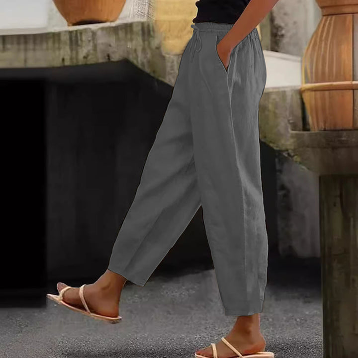 Women's Linen Blend Cropped Pants with Elastic Waistband, Drawstring and Side Pockets Amarae