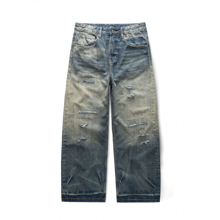 Men's Wide Vintage Denim Jeans with Used Wash and Distressed Details Amarae