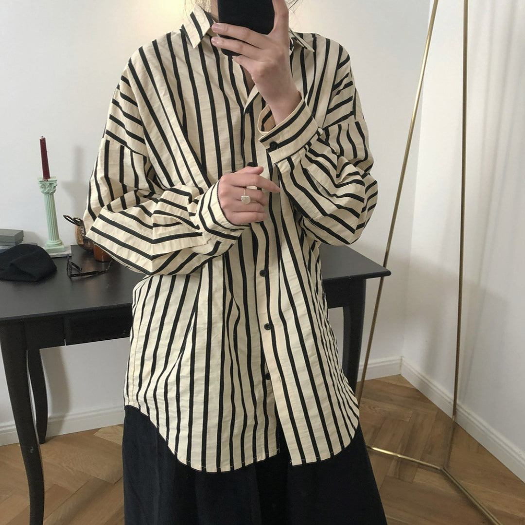 Women Striped Oversized Shirt Blouse with Drop Sleeves and Button Cuffs Amarae