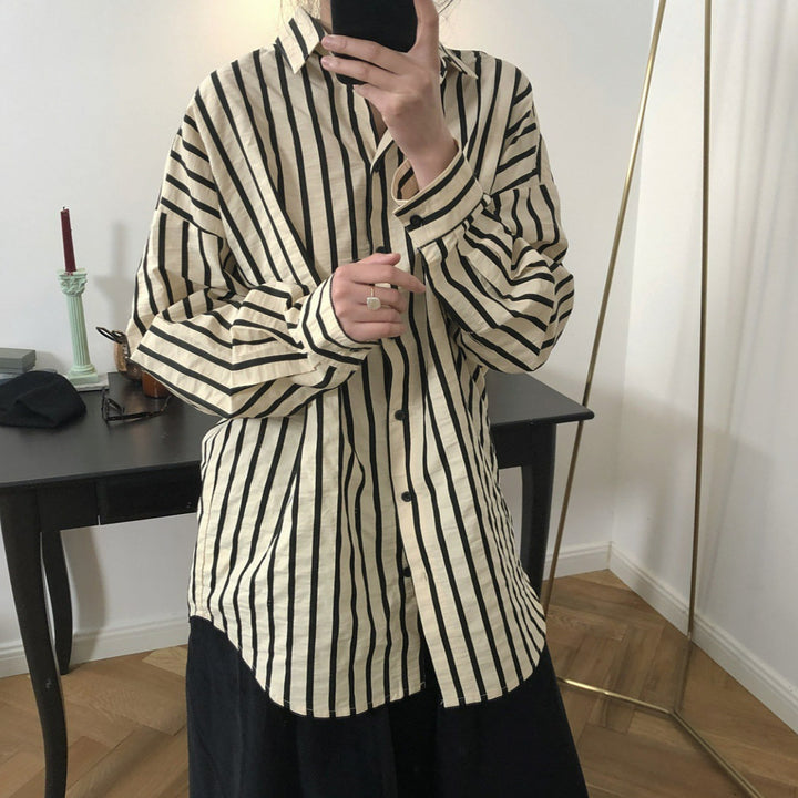 Women Striped Oversized Shirt Blouse with Drop Sleeves and Button Cuffs Amarae
