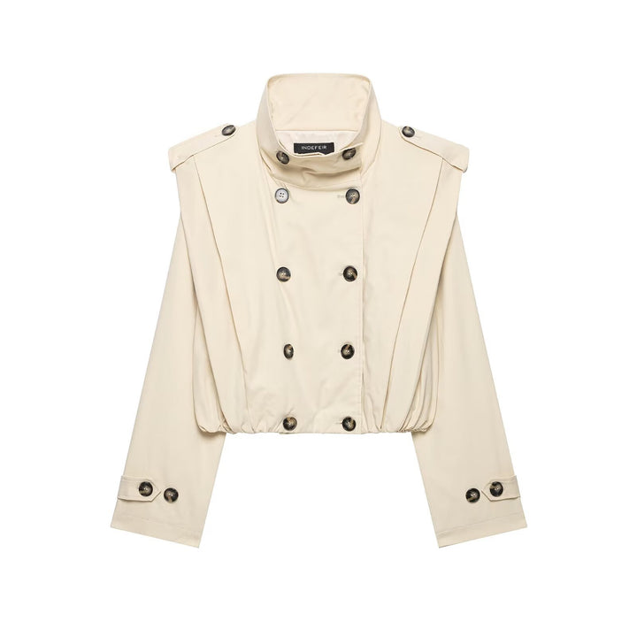 Women's Cropped Trench Coat in Cape Look with Double-Breasted Button Placket and High Stand Collar Amarae