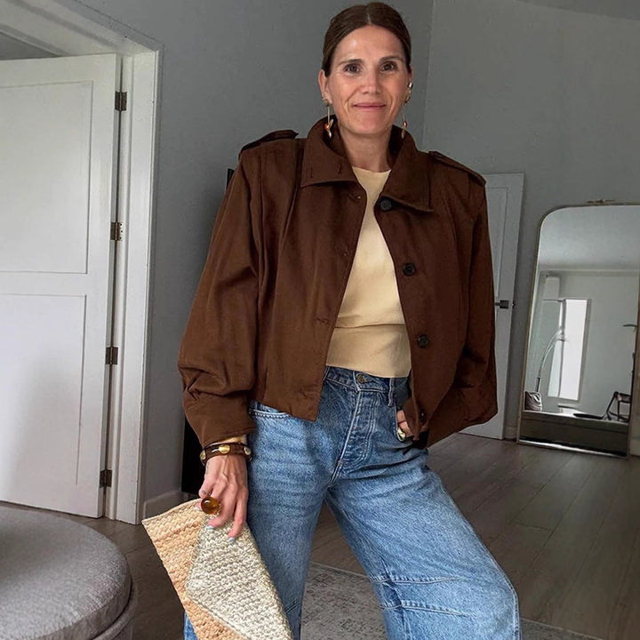 Ladies short boxy jacket with shoulder patches, boxy silhouette and buttoned front Amarae