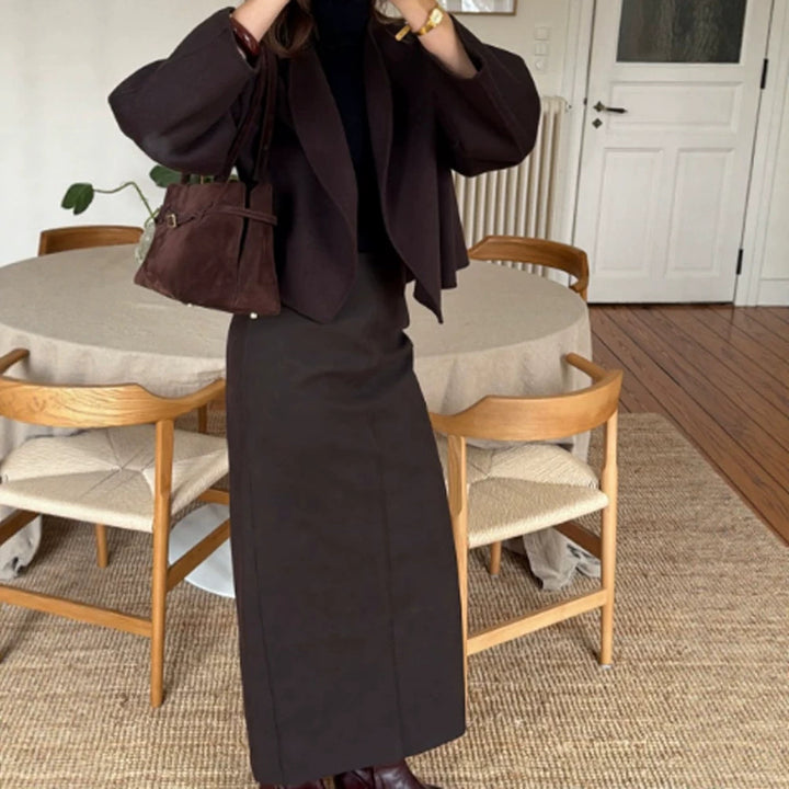 Women Two-Piece Tailoring Set with Cropped Blazer and High-Waisted Pencil Midi Skirt Amarae